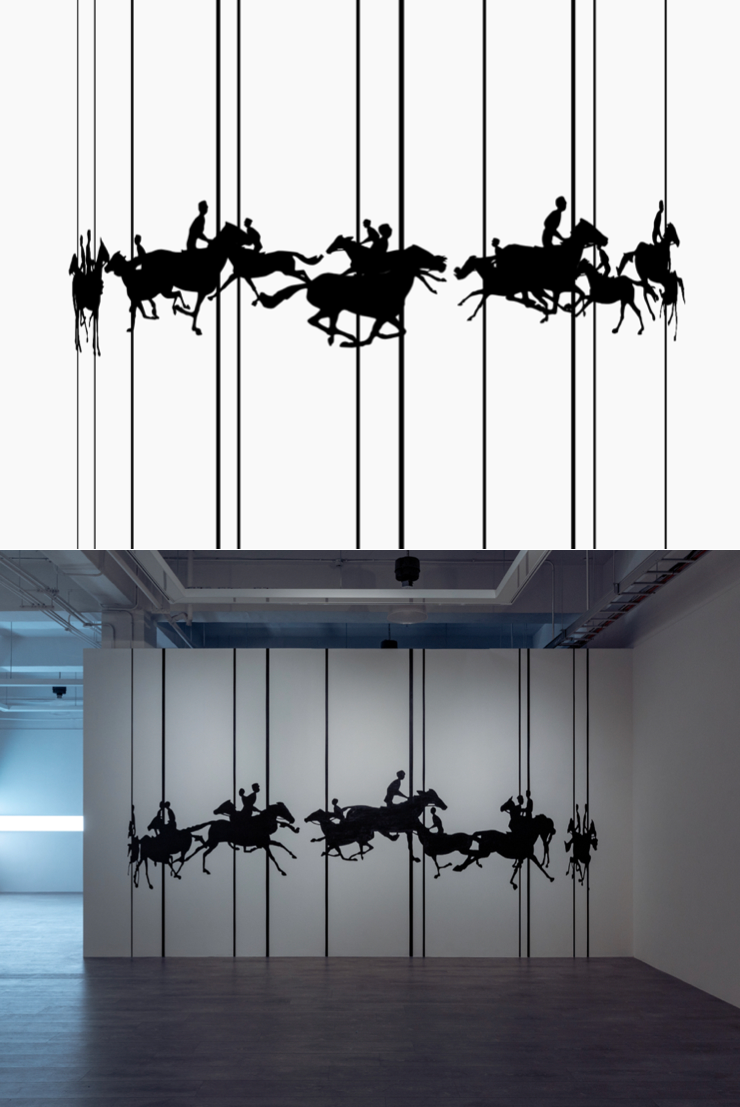 上圖：《旋轉》，循環播放網頁。下圖：《邁布里奇之馬》，繪畫，壓克力顏料，420 × 628公分。